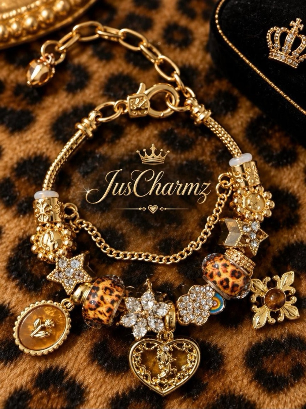 Gold Leopard Bead Charm Bracelet